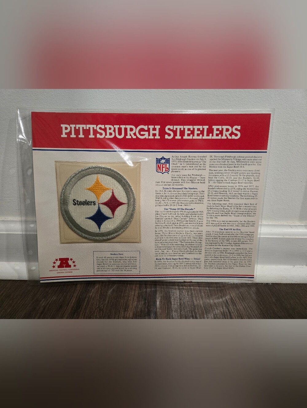 Vintage NFL 1995 Pittsburgh Steelers Iron On Patch With Info Card